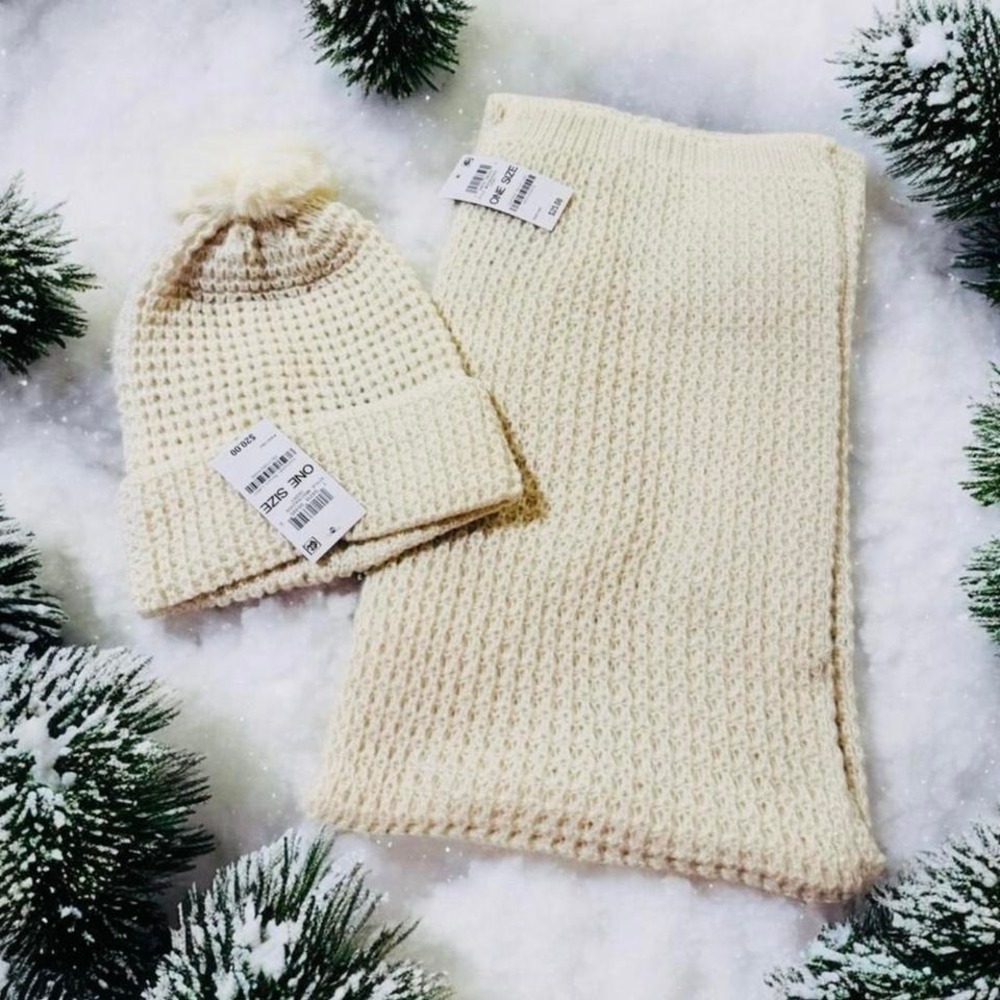 Style & Co 2 pc Shimmer Knit Pom Hat & Scarf Set Ivory $45
